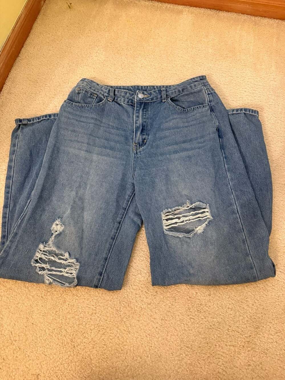SHEIN Wide Leg Jeans Size 8/10 Blue Ripped Distressed Denim
